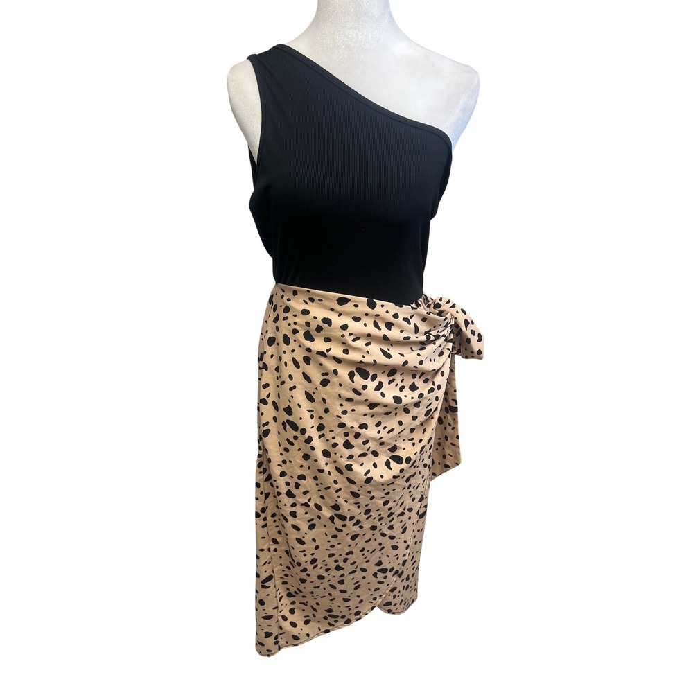 Boho One Shoulder Leopard Midi Dress Black Tan Animal Print Wrap Side Tie Boho